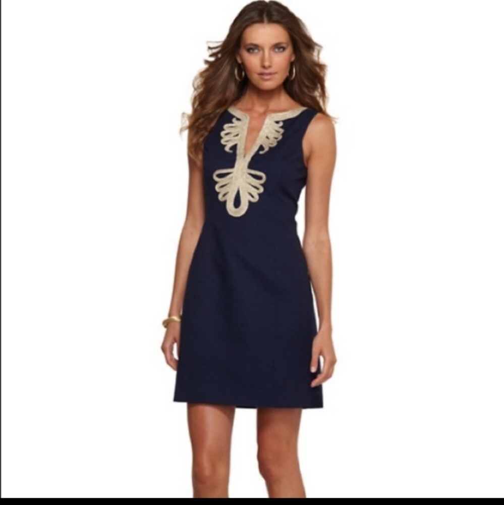 Navy & Gold Lilly Pullitzer Janice Shift Dress Sz 4